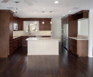 Brown stained wood cabinets
