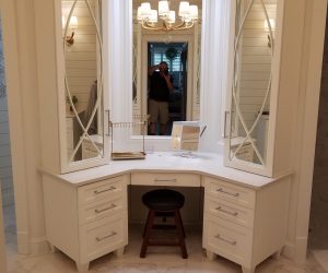 Tall mirror cabinets with white drawers