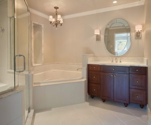 Vanity with wood cabinets and drawers