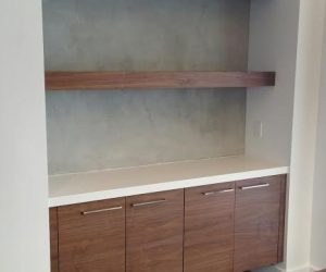Walnut wood shelves and cabinets