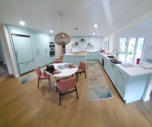 Baby blue cabinets and drawers