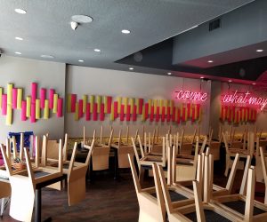 Red and green soundproof panels.