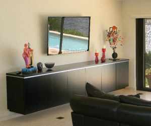 Dark stained wood cabinets